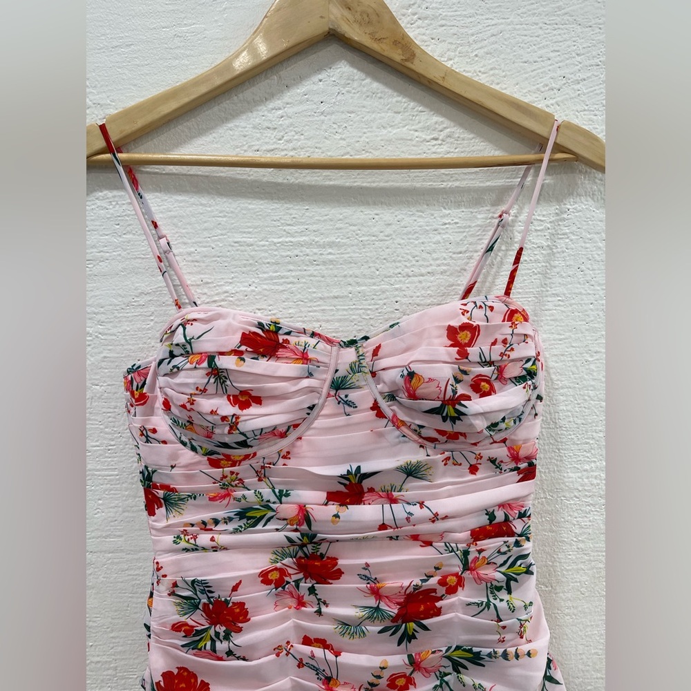 Sau Lee Cherry Floral Ruched Chiffon Minidress Pale Pink - Picture 4 of 5